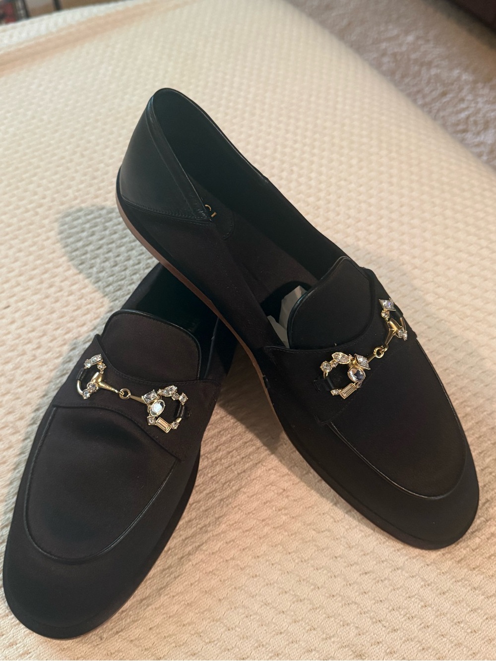 Gucci women’s Black Slip-On Loafers with Decorative Gold and Rhinestone
Accent